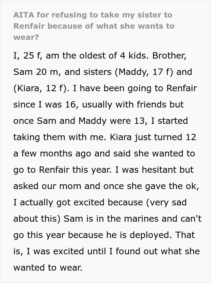 25YO Refuses To Take 12YO Sister To Renaissance Fair Because She Insists On Wearing Furry Outfit 25YO Refuses To Take 12YO Sister To Renaissance Fair Because She Insists On Wearing Furry Outfit
