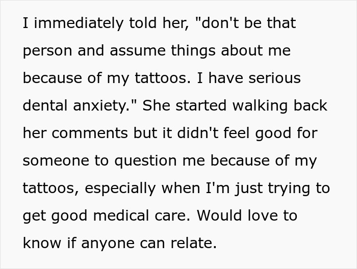 Text excerpt about dental anxiety and assumptions due to tattoos.