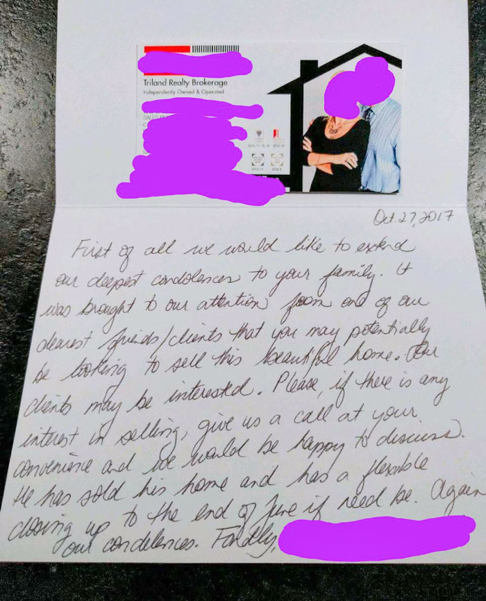 What Were These Real Estate Agents Even Thinking? Woman's Husband Passes Away And They Send Her A Condolence Letter And Asks Her To Sell Her Home