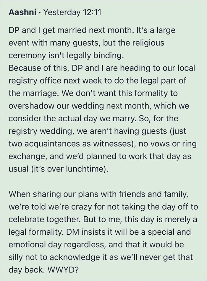Bride Calls Her Wedding “Merely A Legal Formality”, Refuses To Take The Day Off From Work Bride Calls Her Wedding “Merely A Legal Formality”, Refuses To Take The Day Off From Work