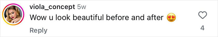 Comment praising Gracie Bon body transformation before and after photos.