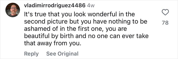 Instagram comment discussing Gracie Bon body transformation, emphasizing beauty and positivity.