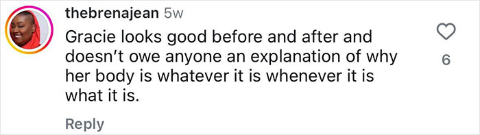 Instagram comment supporting body transformation journey.