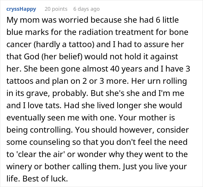Text screenshot discussing tattoos, parental reactions, and setting boundaries. Text screenshot discussing tattoos, parental reactions, and setting boundaries.