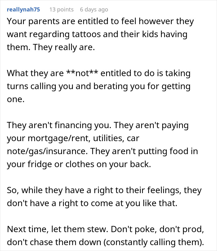 Text advice on setting boundaries with parents over tattoos. Text advice on setting boundaries with parents over tattoos.