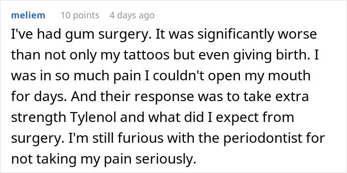 Screenshot of a user comment criticizing a periodontist for dismissing pain after gum surgery compared to tattoos and childbirth.