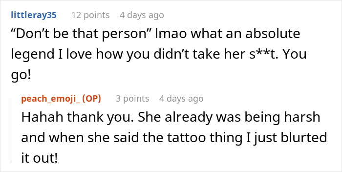 Comments exchange about a periodontist and a tattooed woman, with users reacting to a situation involving sedation.