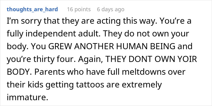 Reddit comment supporting woman on establishing boundaries over parents’ reaction to her tattoo. Reddit comment supporting woman on establishing boundaries over parents’ reaction to her tattoo.