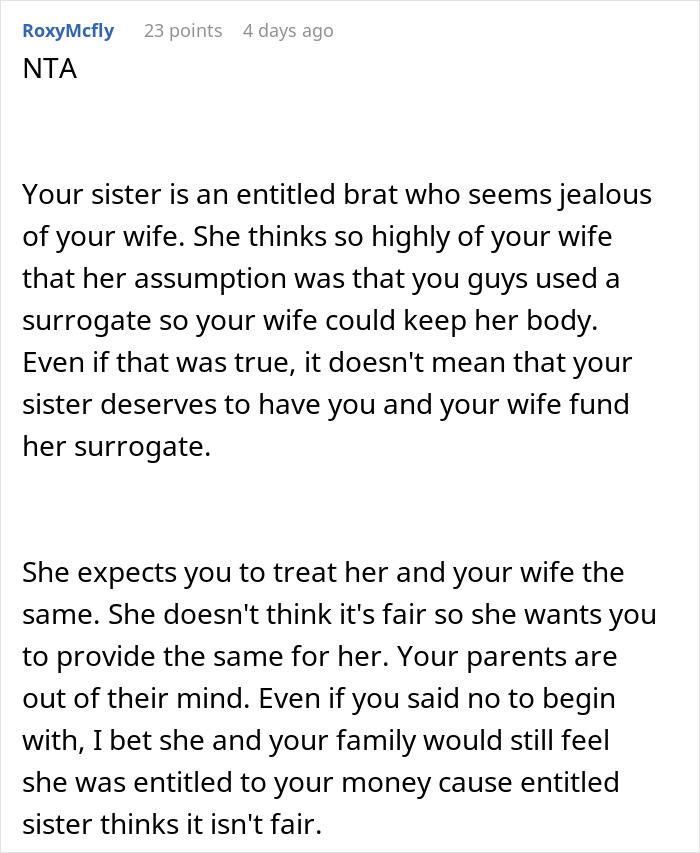 Man Learns Why Sister Wants Him To Pay For Her Surrogate, Tells Her Exactly What He Thinks Of Her