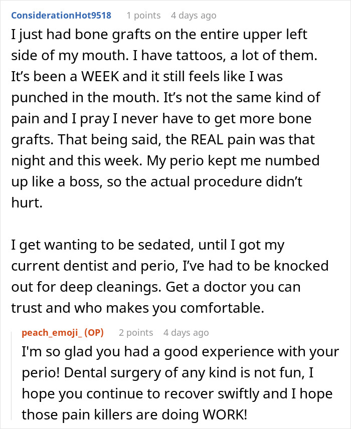 Discussion about sedation during dental procedures with a periodontist, featuring patient experiences.