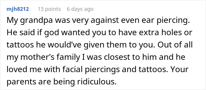 Text screenshot discussing a grandparent's view on tattoos, emphasizing parental boundaries. Text screenshot discussing a grandparent's view on tattoos, emphasizing parental boundaries.