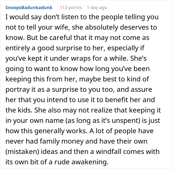 Man Receives Lifechanging Inheritance, Doesn't Want To Tell Wife Full Sum, Sparks Discussion Online Man Receives Lifechanging Inheritance, Doesn't Want To Tell Wife Full Sum, Sparks Discussion Online