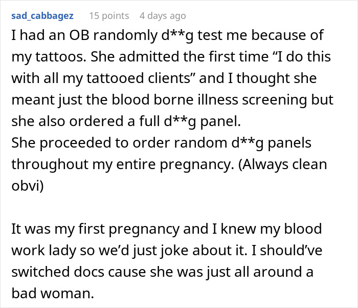 Text screenshot discussing a tattooed woman's experience with unnecessary testing during pregnancy.