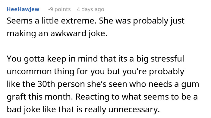 "Forum comment discussing periodontist interaction with tattooed woman about sedation request.