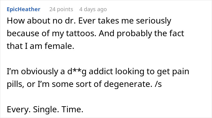 Periodontist ignores tattooed woman's sedation request; she responds assertively in text conversation.