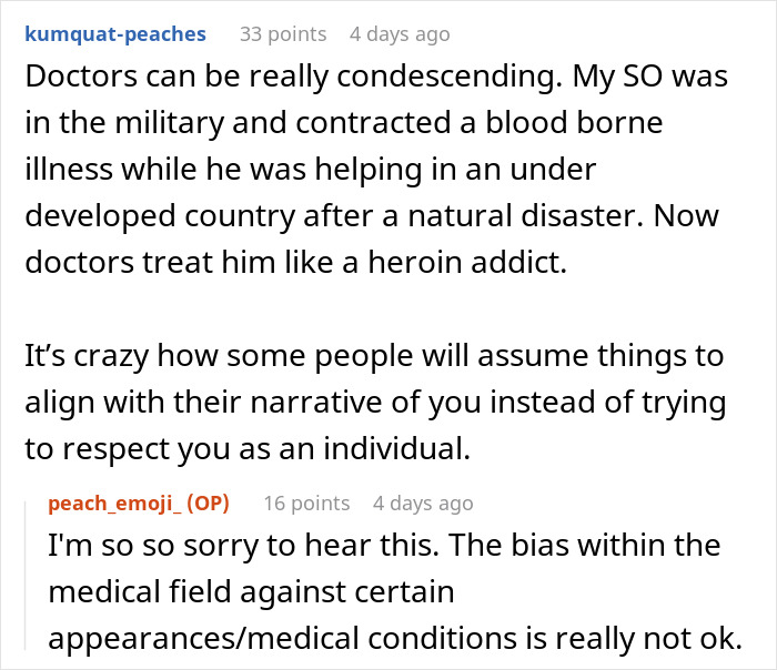 Reddit comments discussing a periodontist's condescending behavior and biases in medical treatment.
