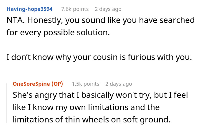 “Am I The Jerk For Refusing To Push My Obese Cousin Around In A Wheelchair For A Day?” “Am I The Jerk For Refusing To Push My Obese Cousin Around In A Wheelchair For A Day?”