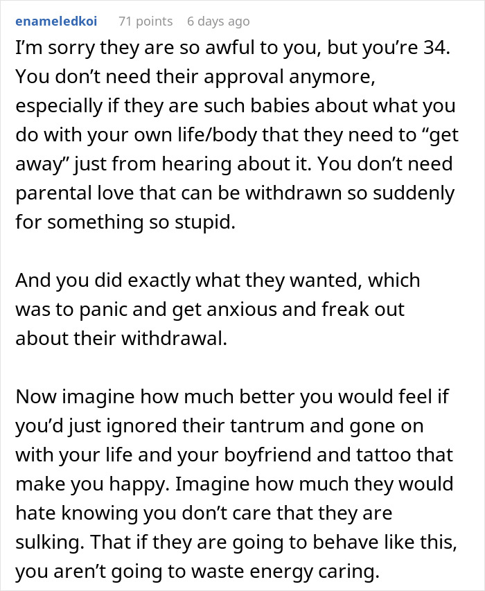 Screenshot of online comment addressing woman’s tattoo, discussing boundaries with parents. Screenshot of online comment addressing woman’s tattoo, discussing boundaries with parents.