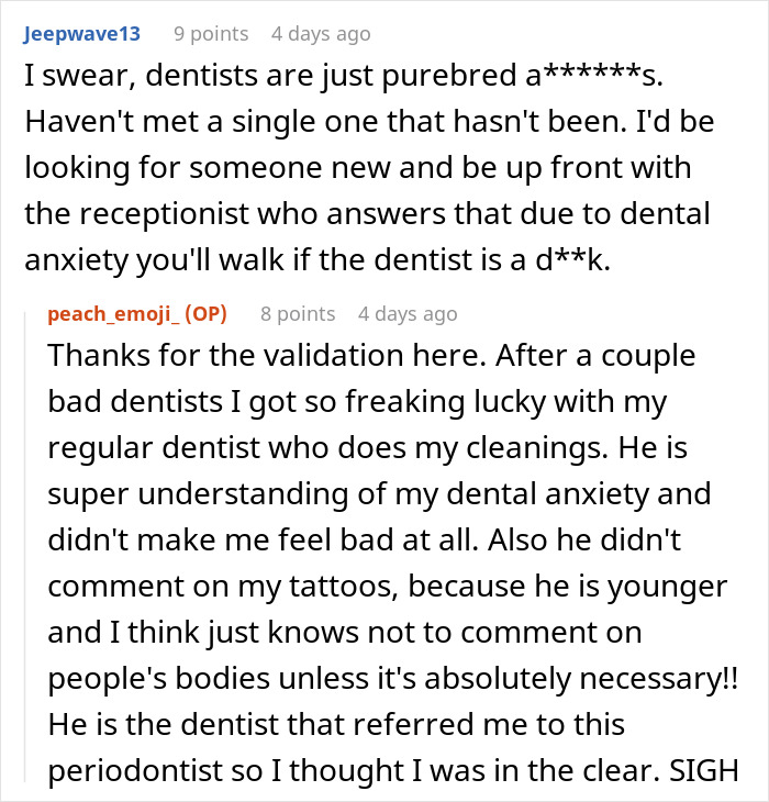 "Reddit post discussing experiences with periodontist and sedation for tattooed woman.