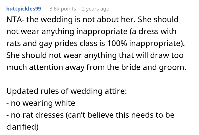 Woman Won't Change Her Mind About Wearing "I Support Gay Rats" Dress To Wedding, Ends Up Single Woman Won't Change Her Mind About Wearing "I Support Gay Rats" Dress To Wedding, Ends Up Single