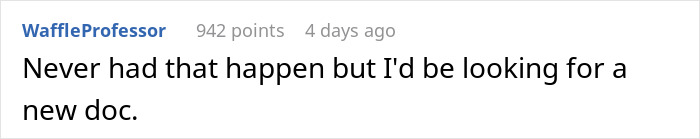 Reddit comment by WaffleProfessor discussing a periodontist's behavior towards a patient.