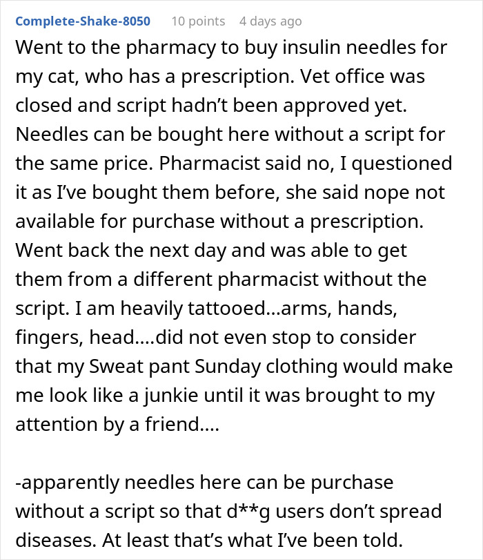 Tattooed person shares experience buying insulin needles at pharmacy.