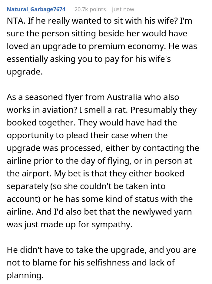 Premium Seat Passenger Asks For $1000 To Swap Seats With Honeymooner’s Wife In Economy Premium Seat Passenger Asks For $1000 To Swap Seats With Honeymooner’s Wife In Economy