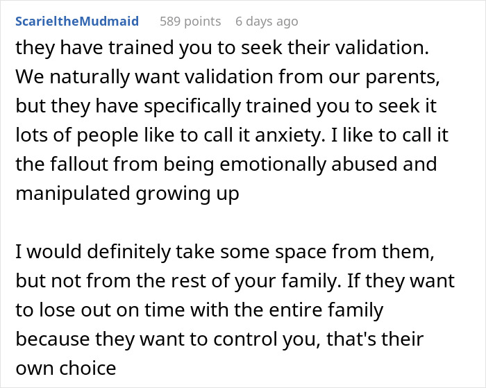 Reddit comment discussing serious boundaries with parents over emotional manipulation and validation issues. Reddit comment discussing serious boundaries with parents over emotional manipulation and validation issues.
