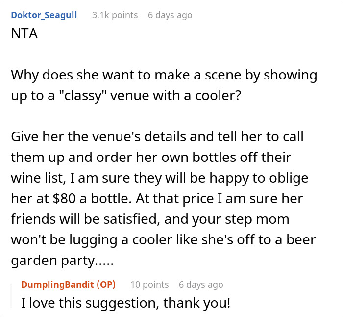 Stepmom Wants To Bring A Cooler Full Of Expensive Wine To Daughter’s Wedding, Bride Feels Insulted Stepmom Wants To Bring A Cooler Full Of Expensive Wine To Daughter’s Wedding, Bride Feels Insulted