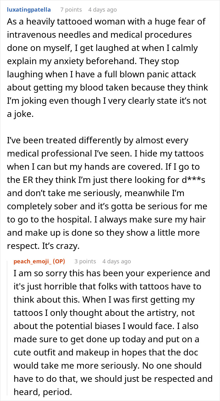 Text comments discuss biases faced by tattooed individuals in medical settings.