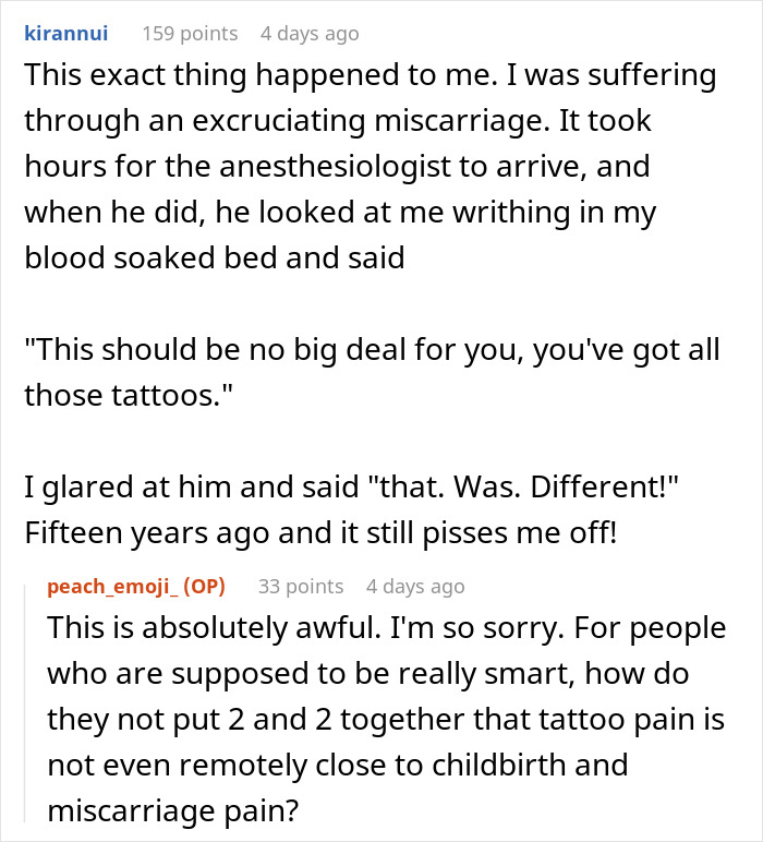 "Person shares experience of being judged for tattoos during medical procedure in online discussion.