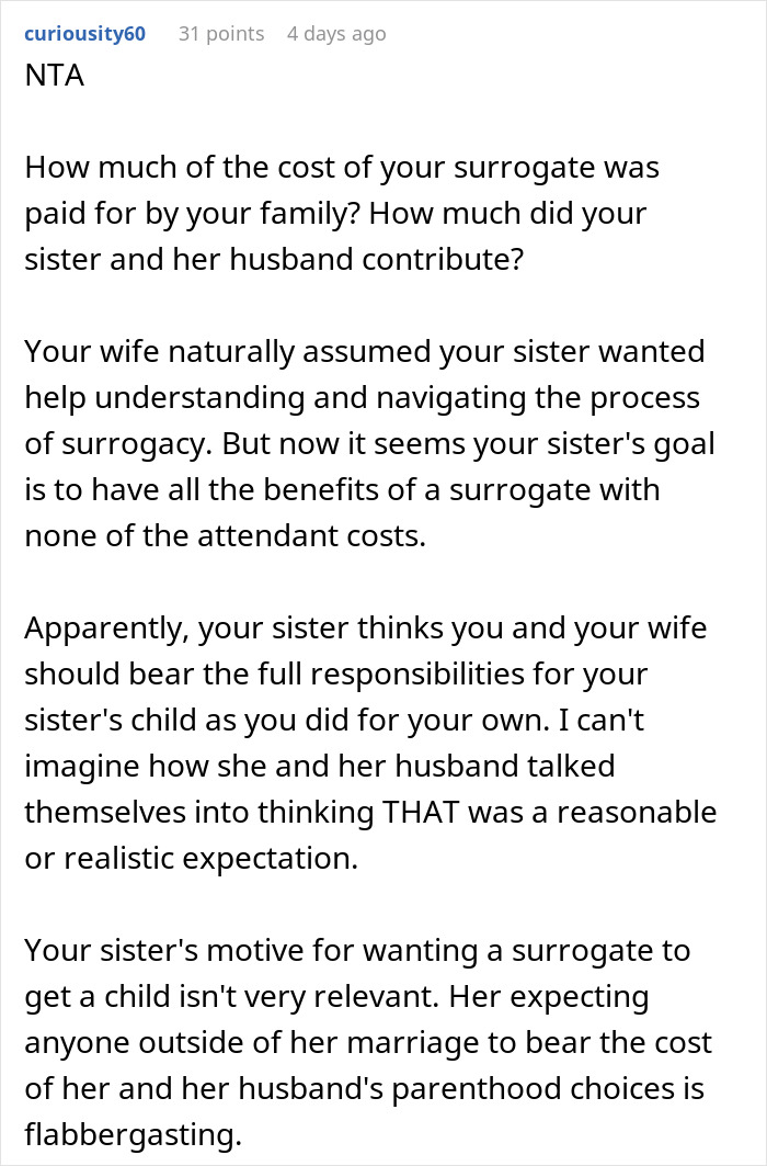Man Learns Why Sister Wants Him To Pay For Her Surrogate, Tells Her Exactly What He Thinks Of Her