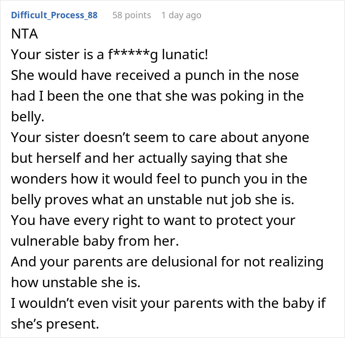 Pregnant Woman Wants Baby To Have No Contact With Aunt After A Comment About Punching Her Belly