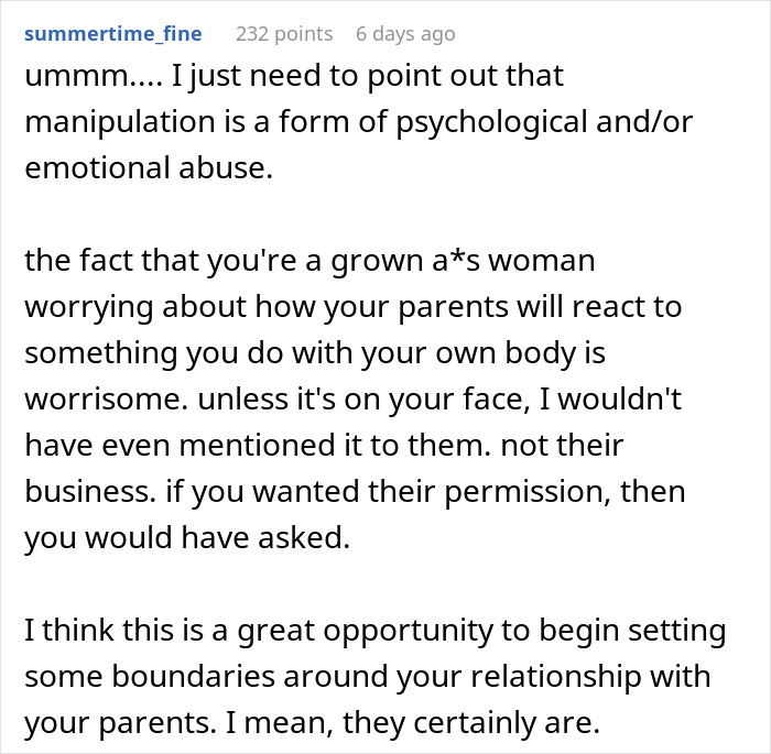 Text conversation about setting boundaries after parents' reaction to a tattoo. Text conversation about setting boundaries after parents' reaction to a tattoo.