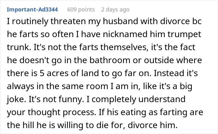 Husband Loves Making Himself As Flatulent As Possible, Ends Up A Divorcee After Wife Snaps Husband Loves Making Himself As Flatulent As Possible, Ends Up A Divorcee After Wife Snaps