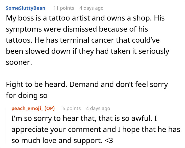 Chat discussing tattoo artist's dismissed symptoms linked to terminal cancer.