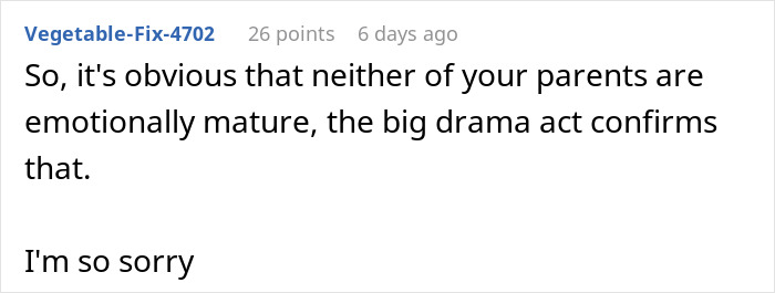 Comment about parents’ emotional maturity and drama, addressing someone’s reaction to a tattoo. Comment about parents’ emotional maturity and drama, addressing someone’s reaction to a tattoo.
