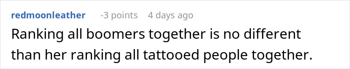 Comment criticizing stereotypes of boomers and tattooed people.
