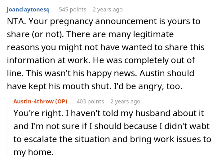 Woman Threatens To Report Coworker's Unwanted 'Nice Gesture' Of Announcing Her Pregnancy To Office