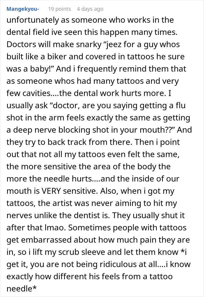 A text conversation about a periodontist's reaction to a tattooed woman's sedation request.