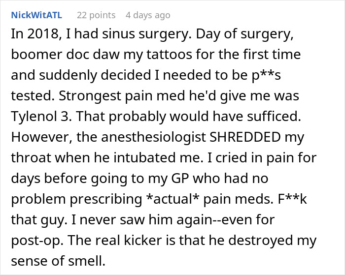 Tattooed woman describes sinus surgery experience and inadequate pain management.