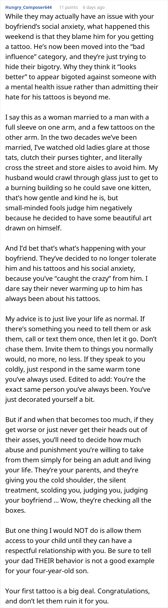 Woman discusses parents' reaction to tattoo; advice on setting boundaries shared on Reddit. Woman discusses parents' reaction to tattoo; advice on setting boundaries shared on Reddit.