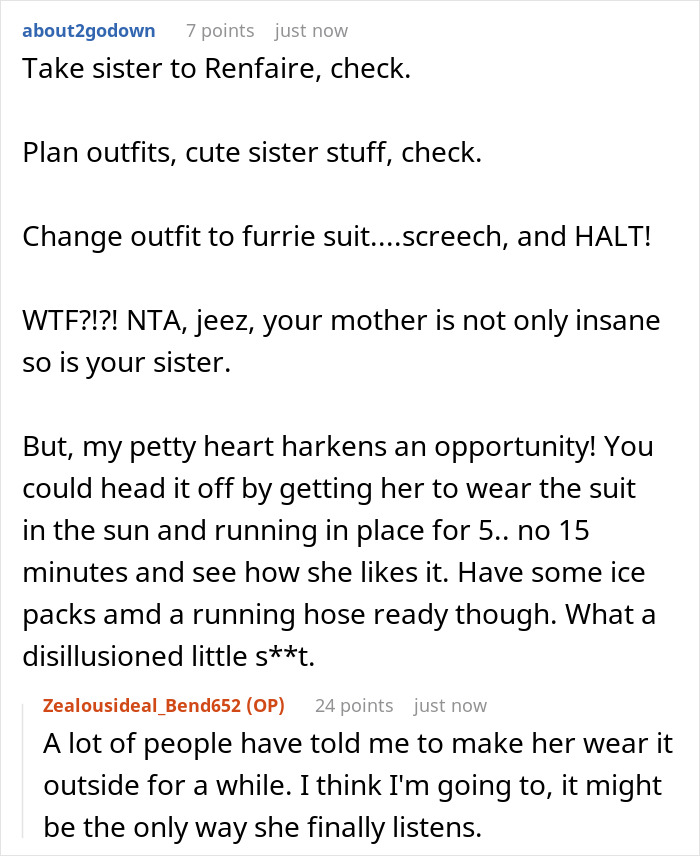 25YO Refuses To Take 12YO Sister To Renaissance Fair Because She Insists On Wearing Furry Outfit 25YO Refuses To Take 12YO Sister To Renaissance Fair Because She Insists On Wearing Furry Outfit