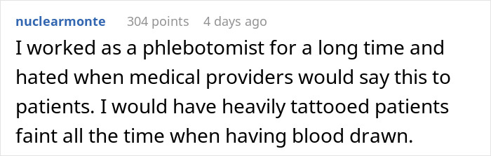 Reddit comment discussing experiences with tattooed patients fainting, highlighting periodontist issue.