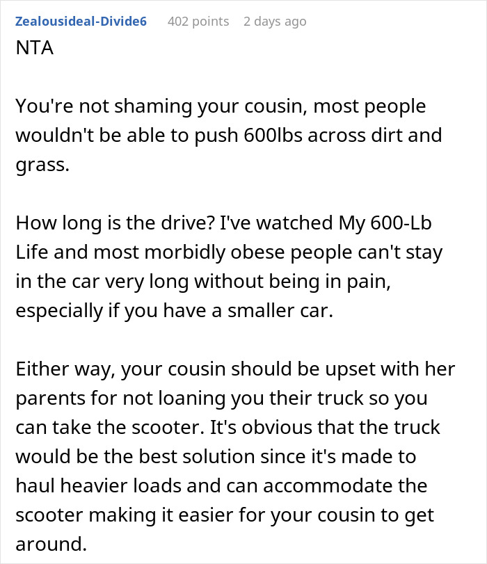 “Am I The Jerk For Refusing To Push My Obese Cousin Around In A Wheelchair For A Day?” “Am I The Jerk For Refusing To Push My Obese Cousin Around In A Wheelchair For A Day?”