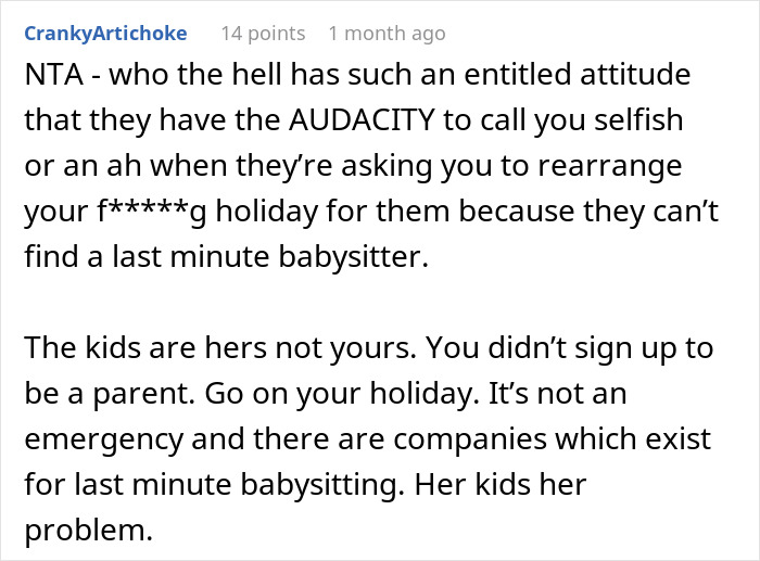 Sister Shocked When Woman Refuses To Cancel Fully Paid Vacation To Babysit Last-Minute Sister Shocked When Woman Refuses To Cancel Fully Paid Vacation To Babysit Last-Minute