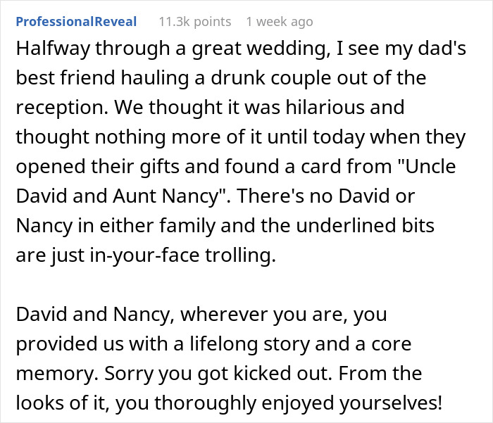 Couple Sneaks Into Random Wedding With 11 Dollar And 54 Cent Gift, Leaving Spouses In Stitches Couple Sneaks Into Random Wedding With 11 Dollar And 54 Cent Gift, Leaving Spouses In Stitches