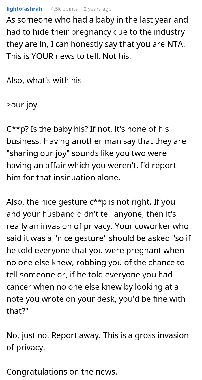Woman Threatens To Report Coworker's Unwanted 'Nice Gesture' Of Announcing Her Pregnancy To Office
