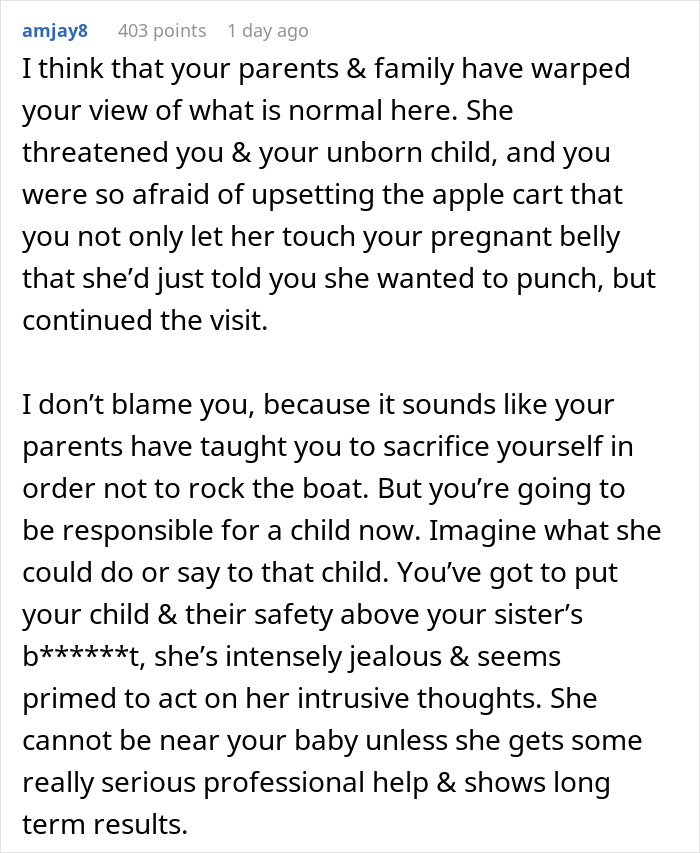 Pregnant Woman Wants Baby To Have No Contact With Aunt After A Comment About Punching Her Belly