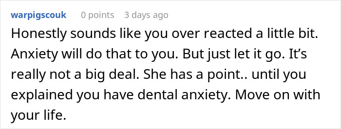 Comment discussing dental anxiety related to a periodontist's reaction to a tattooed woman requesting sedation.